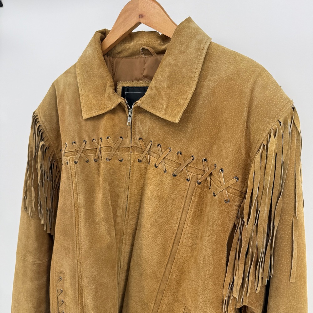 Excelled Mens Tan Suede Leather Fringe Western Lace Up Jacket Large